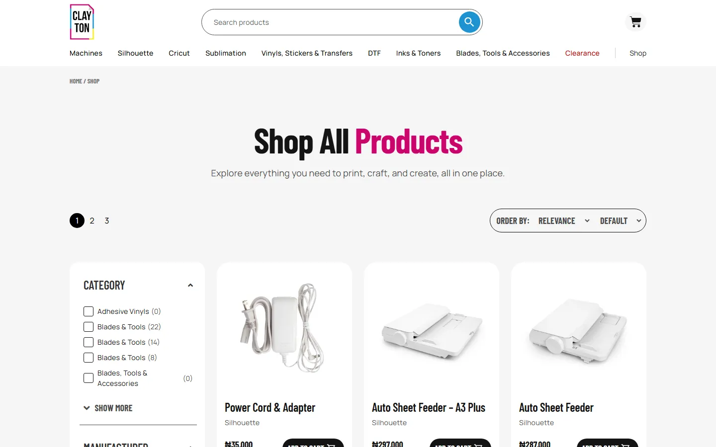 Clayton Prints shop page with product grid