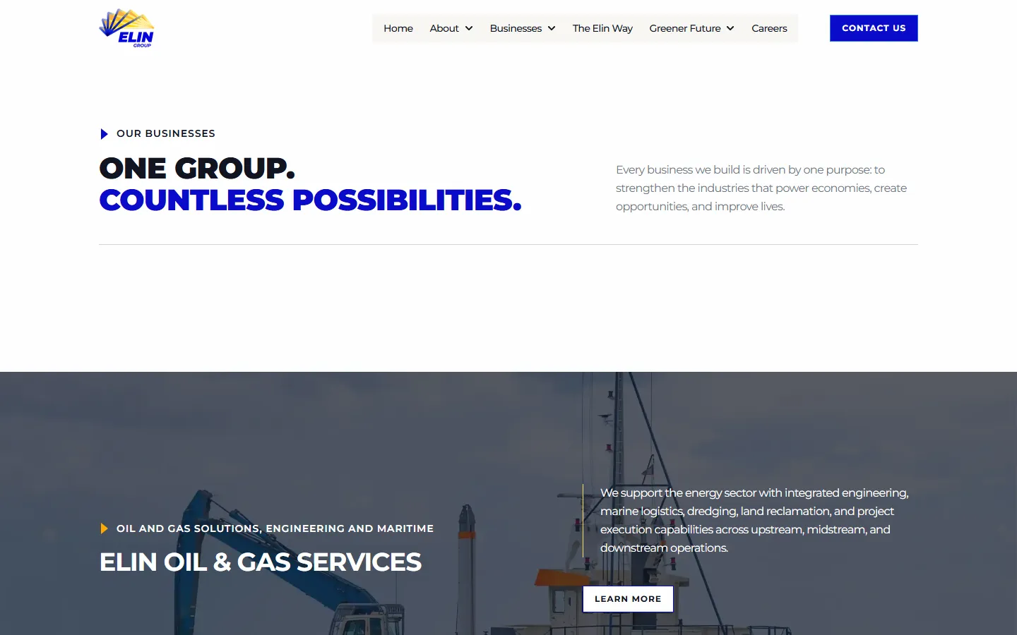 Elin Group businesses directory with subsidiary cards